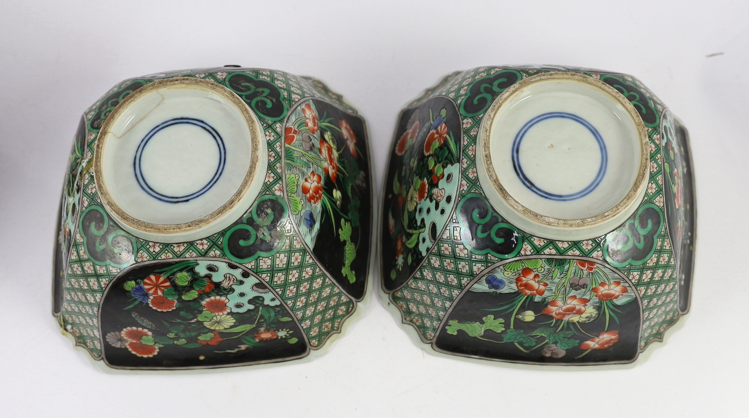 A pair of Chinese famille noire square bowls, late 19th century, one bowl broken and glued, both stands glued